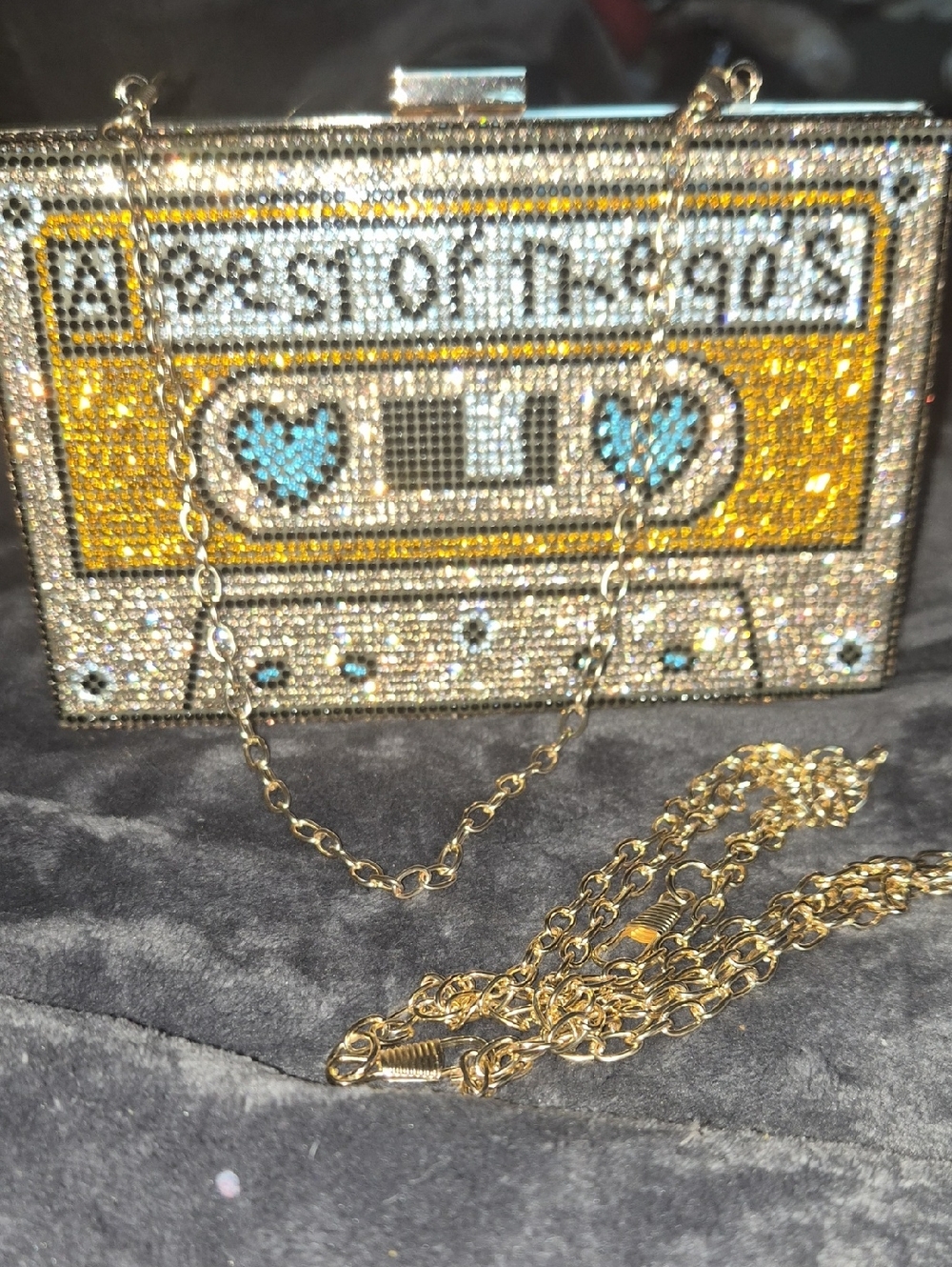 Bejeweled Cassette Tape Crossbody Bag - Gold & Turquoise